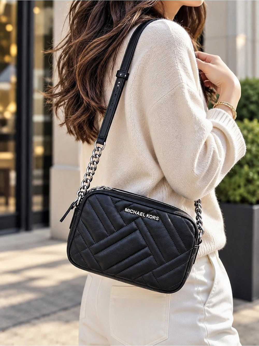 Michael Kors Jet Set Medium Quilted Leather Crossbody Bag Black